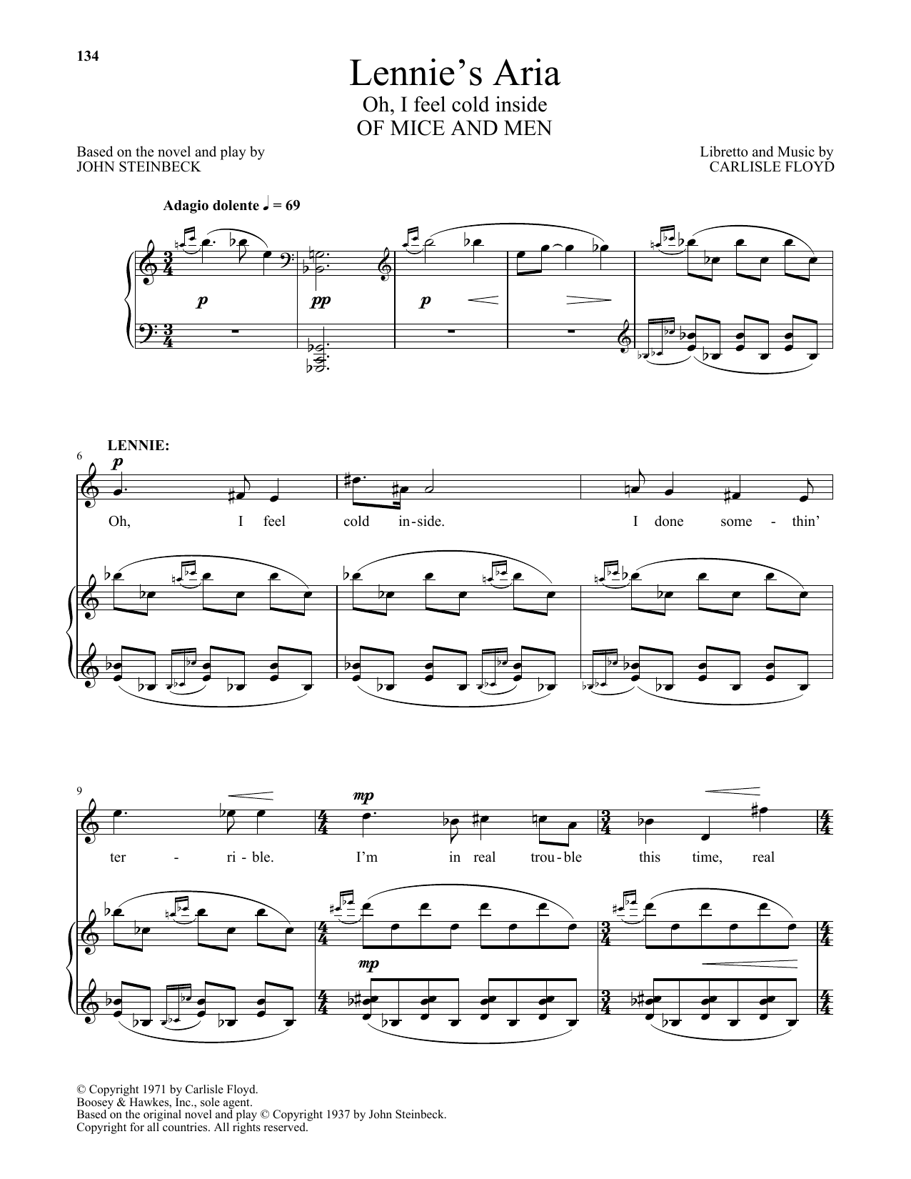 Carlisle Floyd Lennie's Aria (Oh, I feel cold inside) (from Of Mice And Men) Sheet Music Notes & Chords for Piano & Vocal - Download or Print PDF
