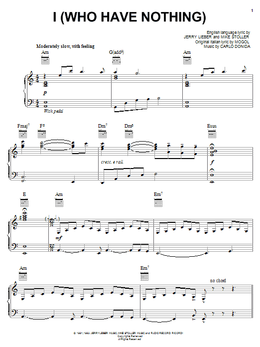 Carlo Donida I (Who Have Nothing) Sheet Music Notes & Chords for Piano, Vocal & Guitar (Right-Hand Melody) - Download or Print PDF