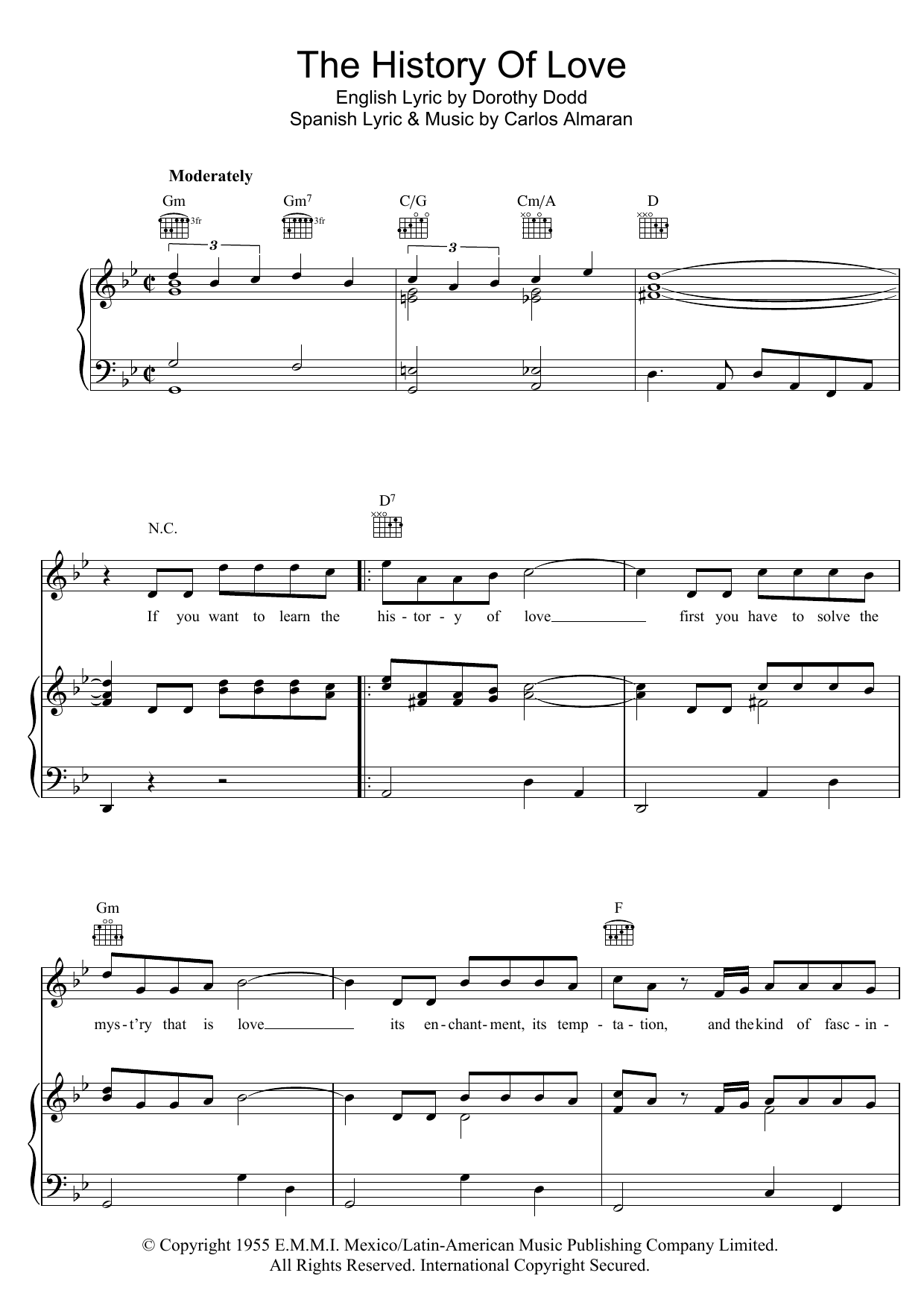 Carlos Almaran History Of Love (Historia De Un Amor) Sheet Music Notes & Chords for Piano, Vocal & Guitar (Right-Hand Melody) - Download or Print PDF