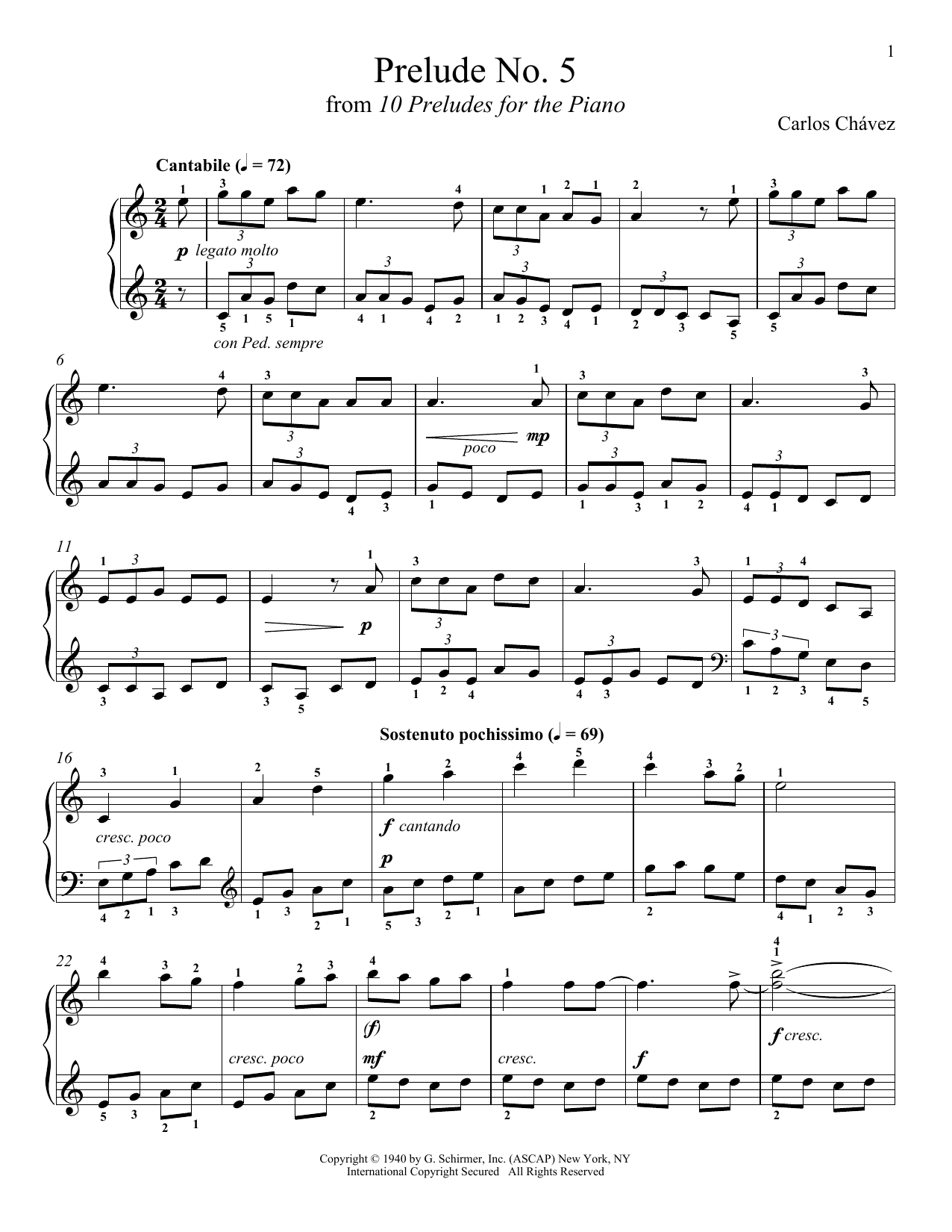 Carlos Chavez Prelude No. 5 Sheet Music Notes & Chords for Piano Solo - Download or Print PDF