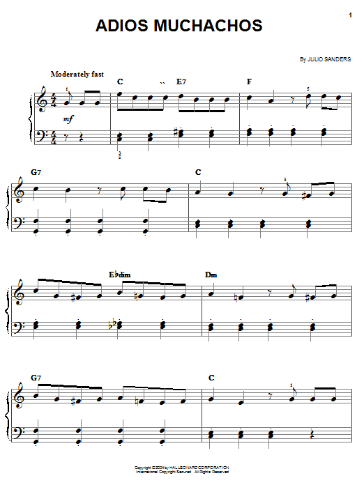 Carlos Gardel Adios Muchachos (Farewell Boys) Sheet Music Notes & Chords for Easy Piano - Download or Print PDF