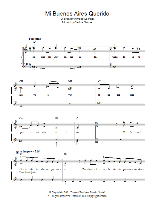 Carlos Gardel Mi Buenos Aires Querido Sheet Music Notes & Chords for Easy Piano - Download or Print PDF