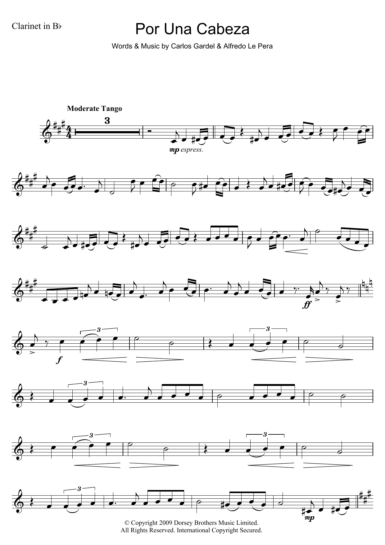 Carlos Gardel Por Una Cabeza Sheet Music Notes & Chords for Clarinet - Download or Print PDF