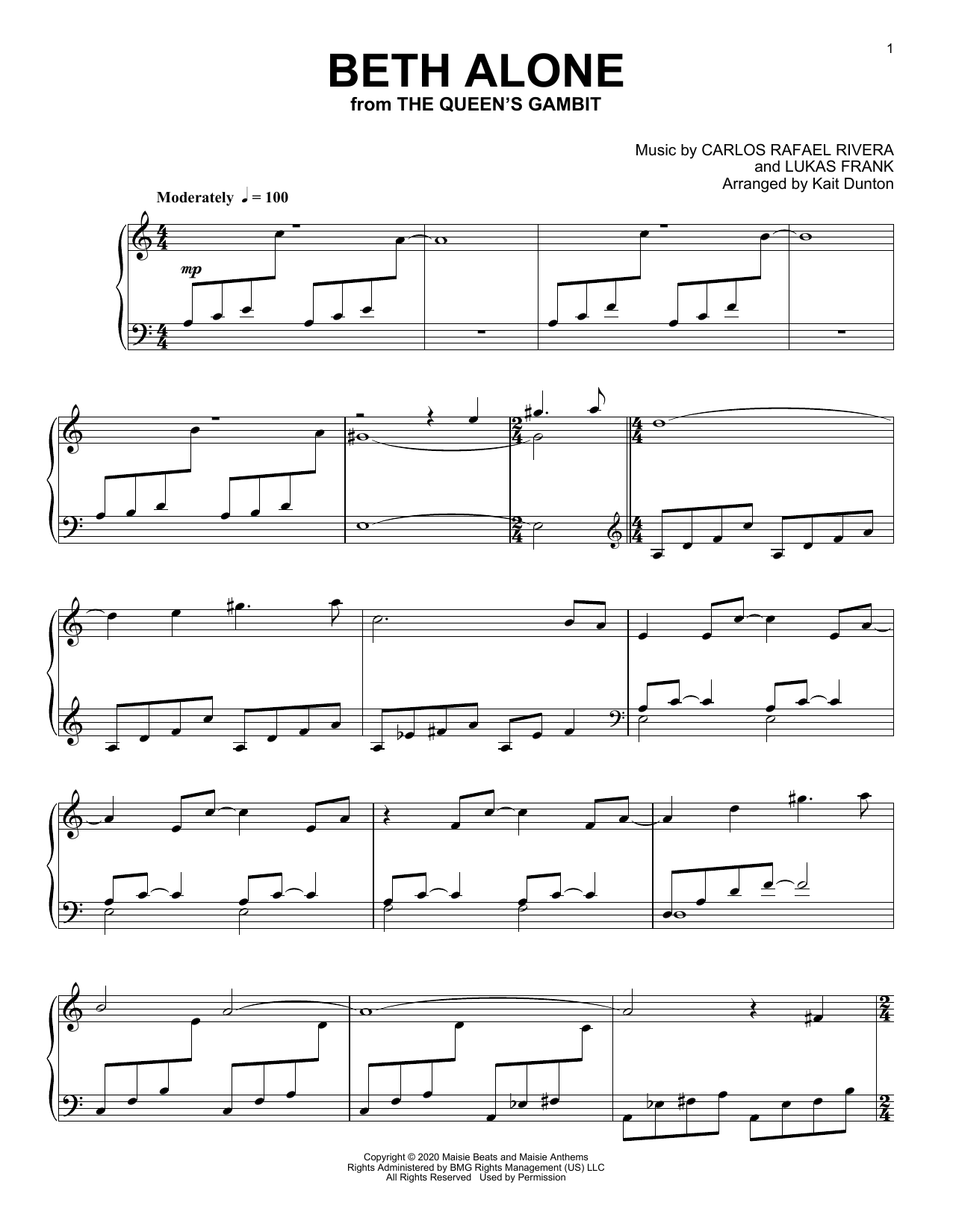 Carlos Rafael Rivera Beth Alone (from The Queen's Gambit) Sheet Music Notes & Chords for Piano Solo - Download or Print PDF