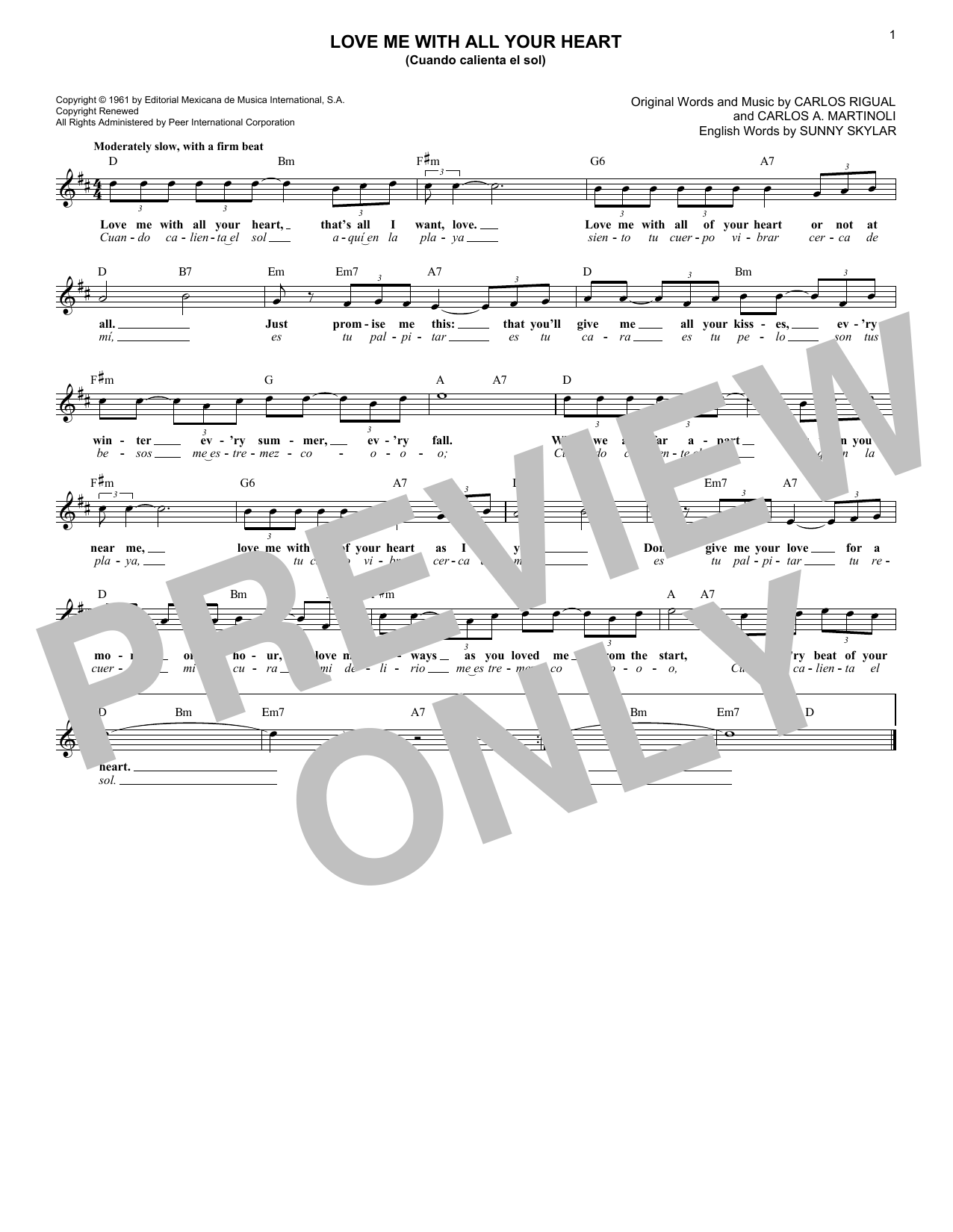 Carlos Rigual Love Me With All Your Heart (Cuando Calienta El Sol) Sheet Music Notes & Chords for Lead Sheet / Fake Book - Download or Print PDF