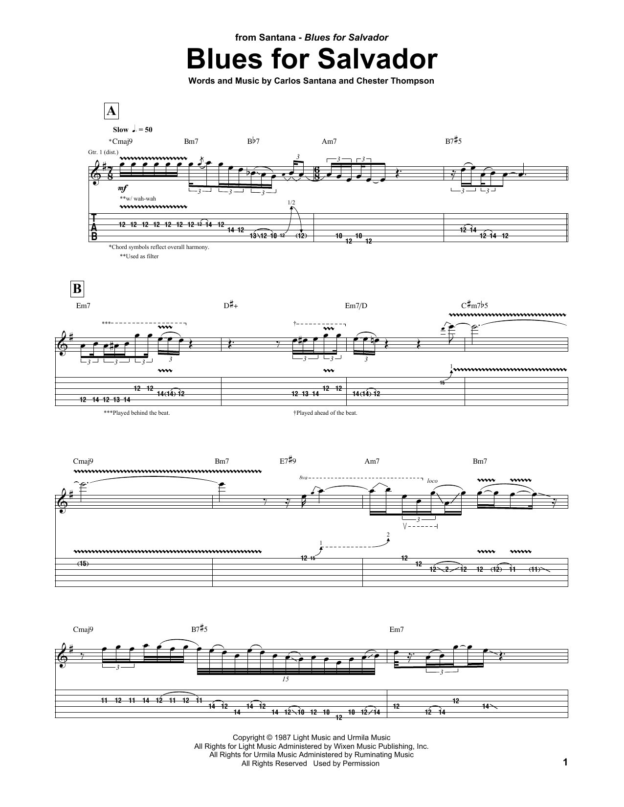Carlos Santana Blues For Salvador Sheet Music Notes & Chords for Guitar Tab - Download or Print PDF