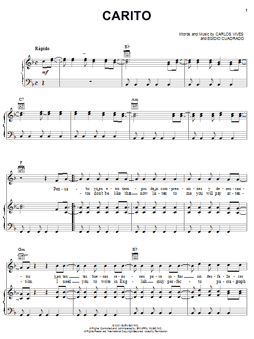 Carlos Vives Carito Sheet Music Notes & Chords for Piano, Vocal & Guitar (Right-Hand Melody) - Download or Print PDF