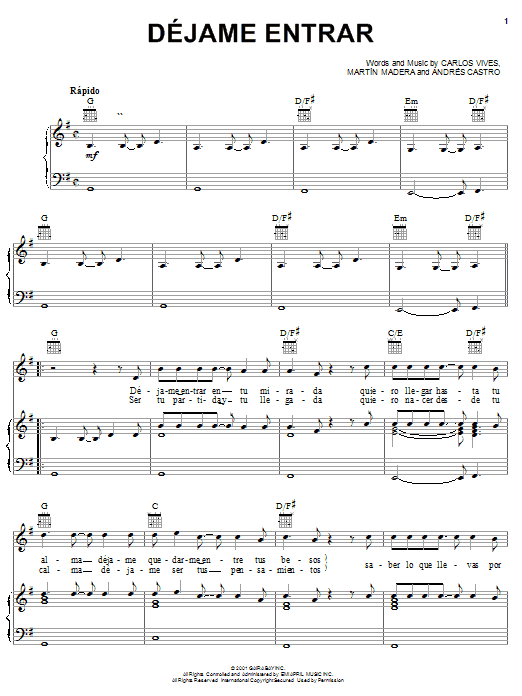 Carlos Vives Déjame Entrar Sheet Music Notes & Chords for Piano, Vocal & Guitar (Right-Hand Melody) - Download or Print PDF