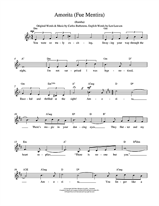 Preview Carlos Barberena Amorita (Fue Mentira) World sheet music, notes and chords for Melody Line, Lyrics & Chords, SKU: 13939 Amorita (Fue Mentira) sheet music