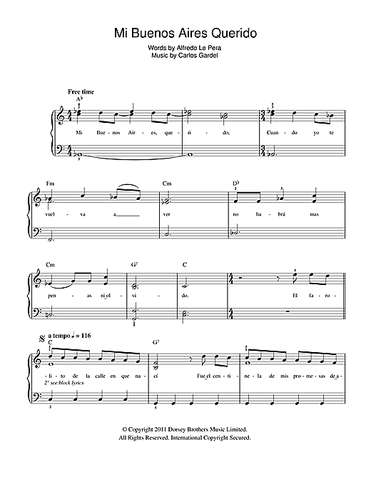 Carlos Gardel Mi Buenos Aires Querido Sheet Music Notes & Chords for Easy Piano - Download or Print PDF