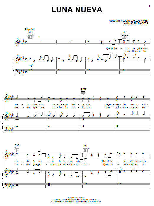 Preview Carlos Vives Luna Nueva World sheet music, notes and chords for Piano, Vocal & Guitar (Right-Hand Melody), SKU: 22182 Luna Nueva sheet music