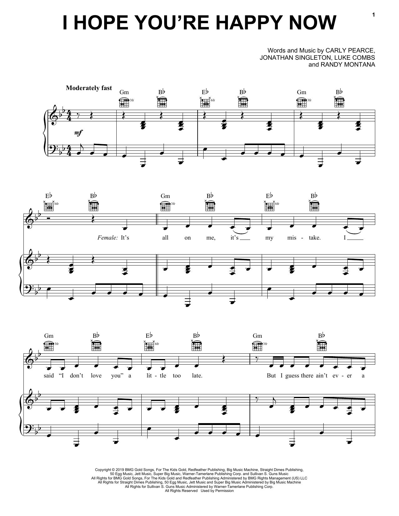 Carly Pearce & Lee Brice I Hope You're Happy Now Sheet Music Notes & Chords for Piano, Vocal & Guitar (Right-Hand Melody) - Download or Print PDF