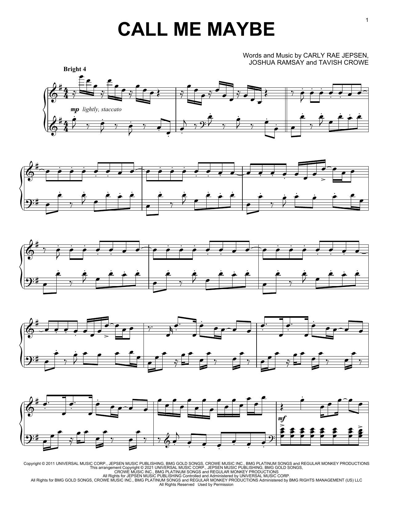 Carly Rae Jepsen Call Me Maybe [Classical version] Sheet Music Notes & Chords for Piano Solo - Download or Print PDF