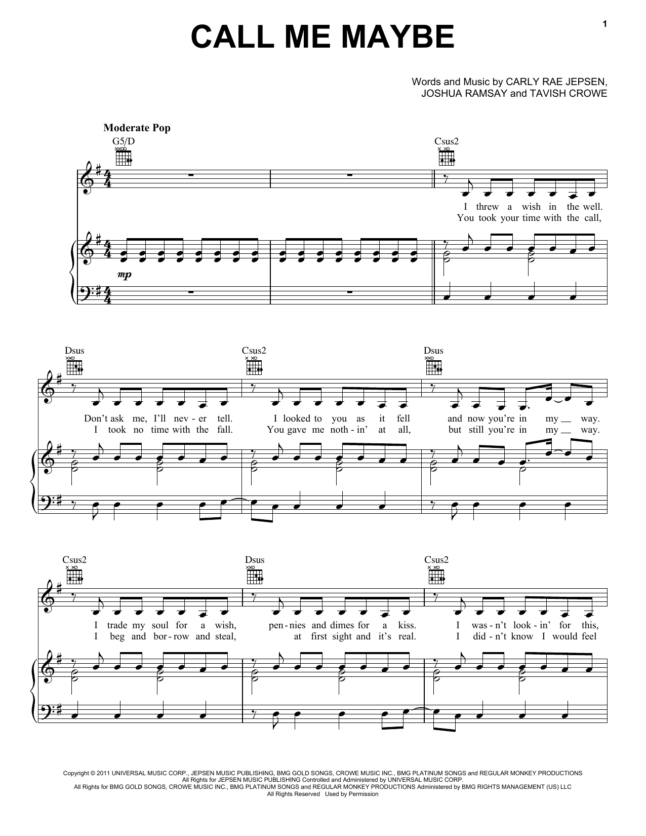 Carly Rae Jepsen Call Me Maybe Sheet Music Notes & Chords for Lead Sheet / Fake Book - Download or Print PDF