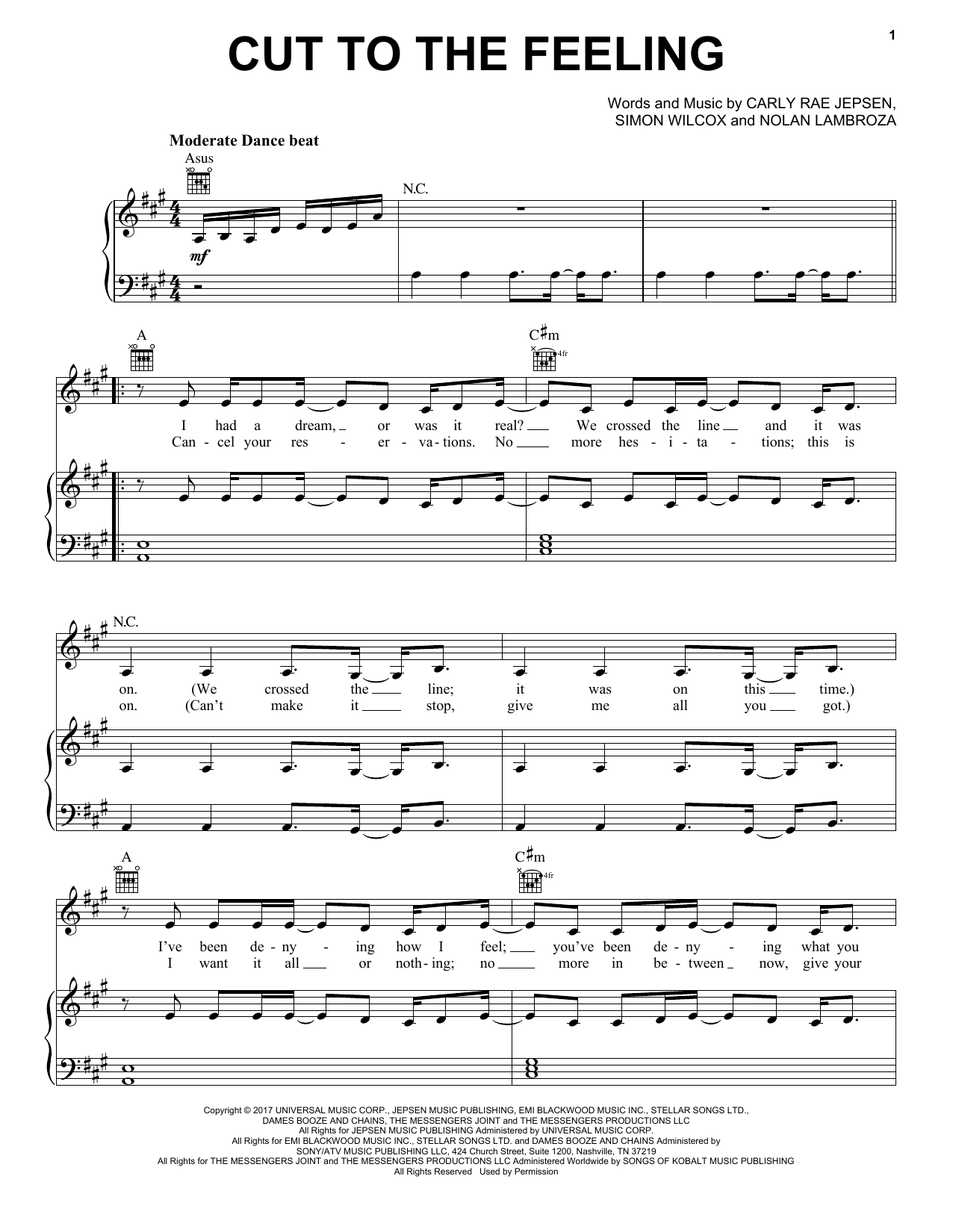 Carly Rae Jepsen Cut To The Feeling Sheet Music Notes & Chords for Piano, Vocal & Guitar (Right-Hand Melody) - Download or Print PDF