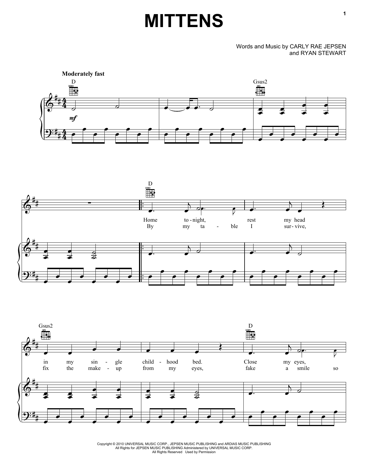 Carly Rae Jepsen Mittens Sheet Music Notes & Chords for Piano, Vocal & Guitar (Right-Hand Melody) - Download or Print PDF