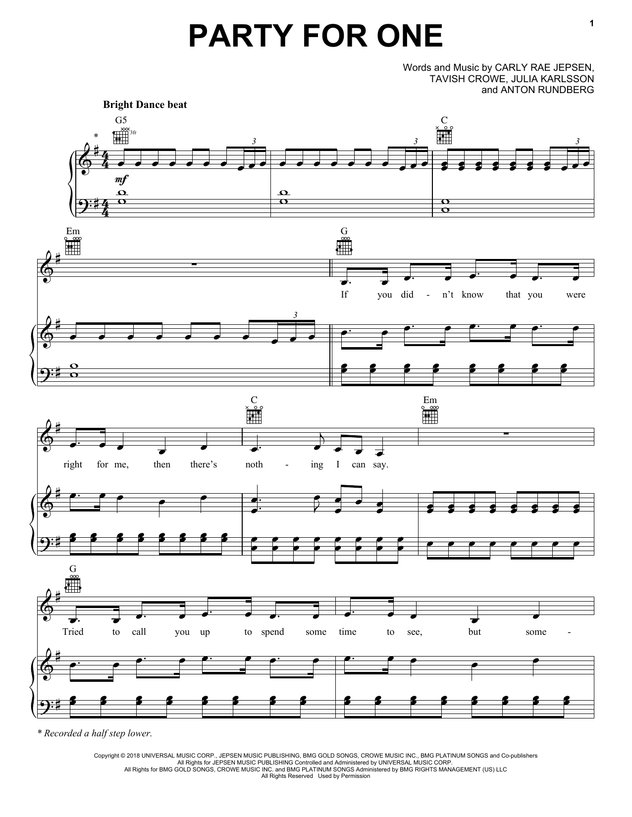 Carly Rae Jepsen Party For One Sheet Music Notes & Chords for Piano, Vocal & Guitar (Right-Hand Melody) - Download or Print PDF