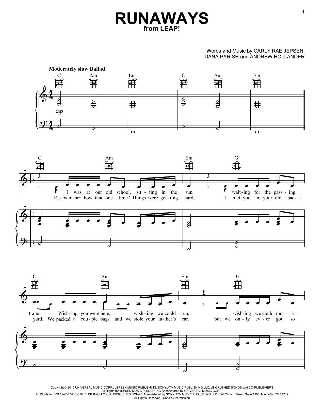 Carly Rae Jepsen Runaways Sheet Music Notes & Chords for Piano, Vocal & Guitar (Right-Hand Melody) - Download or Print PDF