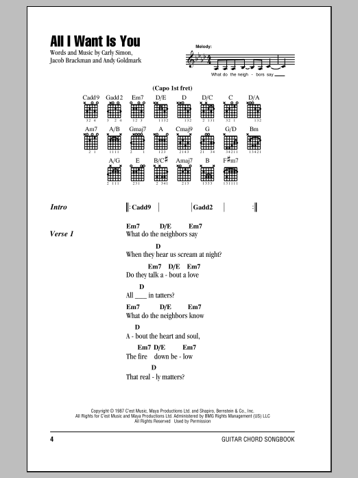 Carly Simon All I Want Is You Sheet Music Notes & Chords for Lyrics & Chords - Download or Print PDF