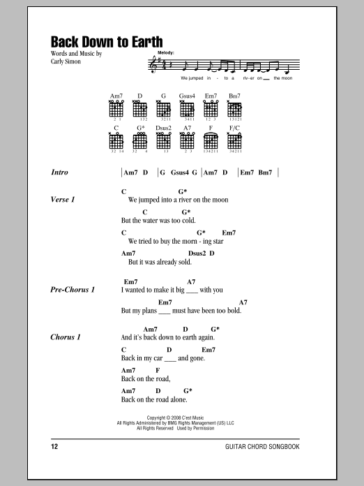 Carly Simon Back Down To Earth Sheet Music Notes & Chords for Lyrics & Chords - Download or Print PDF