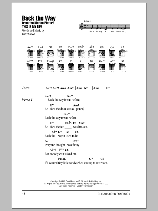 Carly Simon Back The Way Sheet Music Notes & Chords for Lyrics & Chords - Download or Print PDF