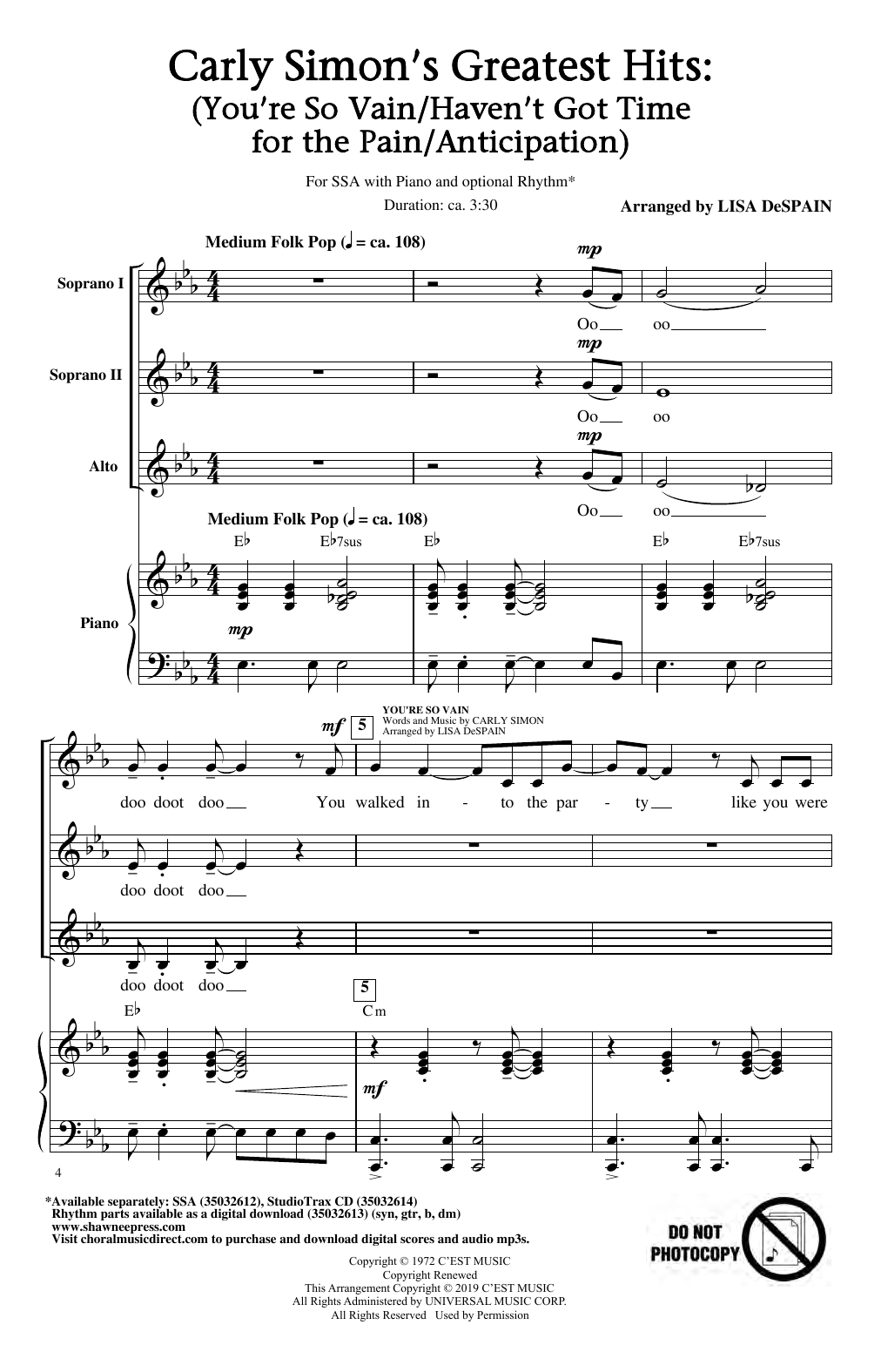 Carly Simon Carley Simon's Greatest Hits (Medley) (arr. Lisa DeSpain) Sheet Music Notes & Chords for SSA Choir - Download or Print PDF