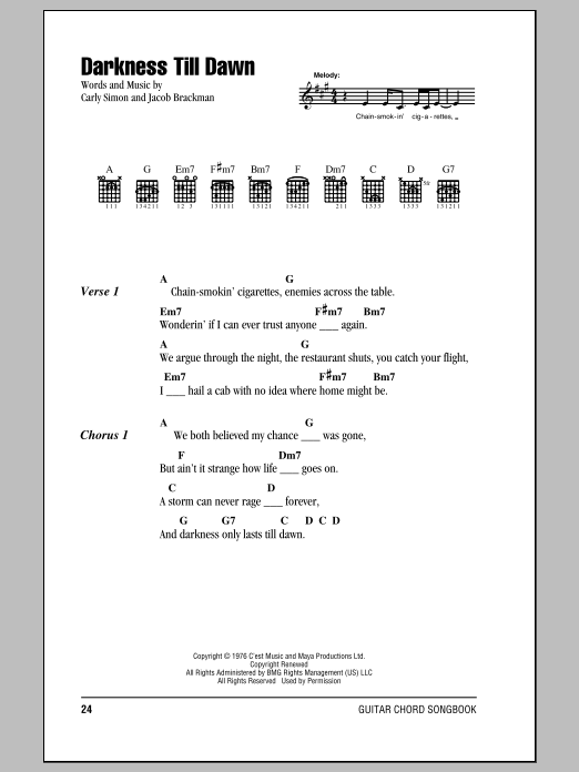 Carly Simon Darkness Till Dawn Sheet Music Notes & Chords for Lyrics & Chords - Download or Print PDF Carly Simon Darkness Till Dawn Sheet Music Notes & Chords for Lyrics & Chords - Download or Print PDF