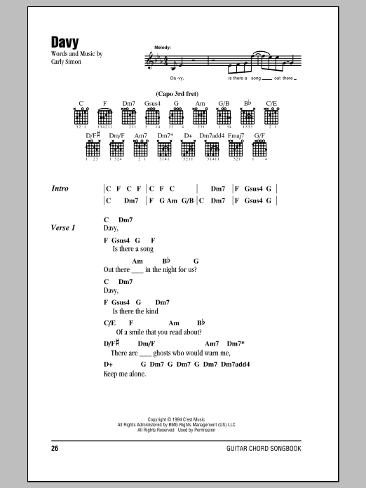 Carly Simon Davy Sheet Music Notes & Chords for Lyrics & Chords - Download or Print PDF
