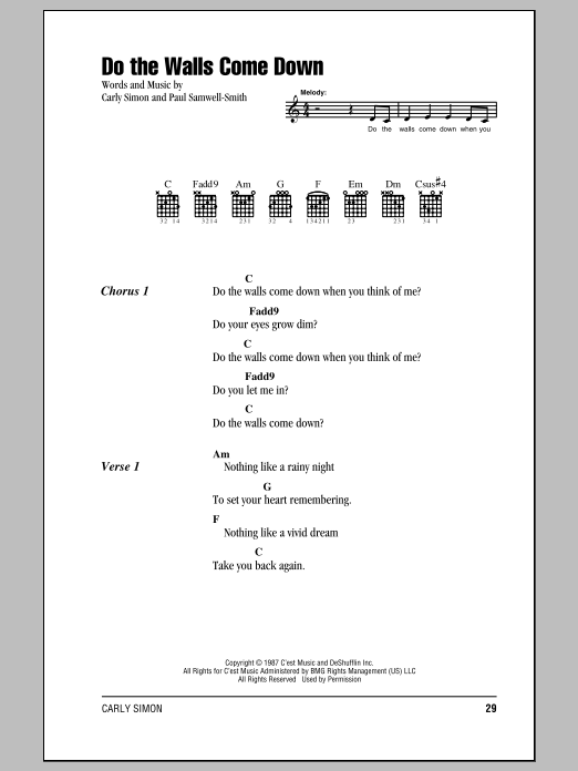 Carly Simon Do The Walls Come Down Sheet Music Notes & Chords for Lyrics & Chords - Download or Print PDF Carly Simon Do The Walls Come Down Sheet Music Notes & Chords for Lyrics & Chords - Download or Print PDF