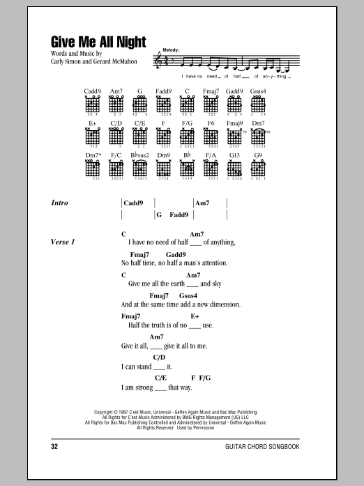 Carly Simon Give Me All Night Sheet Music Notes & Chords for Piano, Vocal & Guitar Chords (Right-Hand Melody) - Download or Print PDF