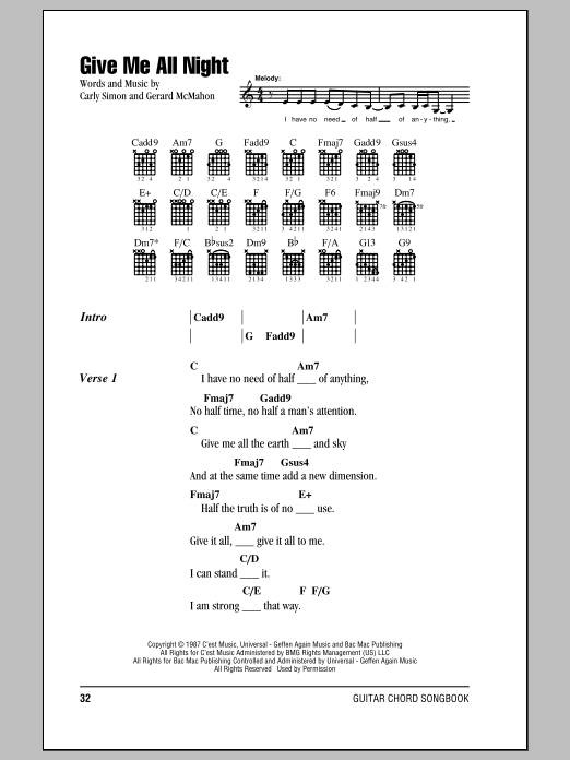 Carly Simon Give Me All Night Sheet Music Notes & Chords for Lyrics & Chords - Download or Print PDF