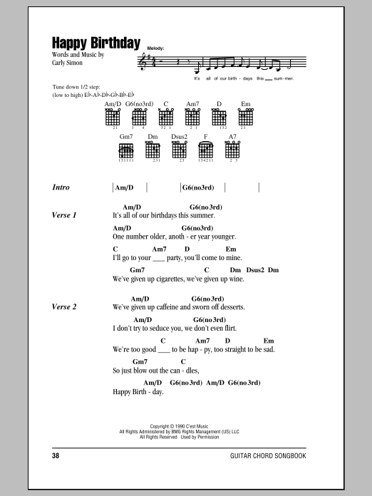 Carly Simon Happy Birthday Sheet Music Notes & Chords for Lyrics & Chords - Download or Print PDF