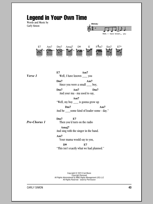 Carly Simon Legend In Your Own Time Sheet Music Notes & Chords for Lyrics & Chords - Download or Print PDF Carly Simon Legend In Your Own Time Sheet Music Notes & Chords for Lyrics & Chords - Download or Print PDF