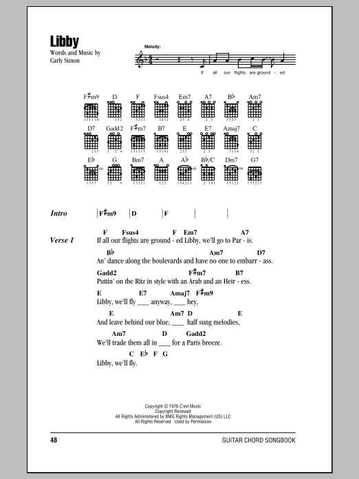 Carly Simon Libby Sheet Music Notes & Chords for Lyrics & Chords - Download or Print PDF