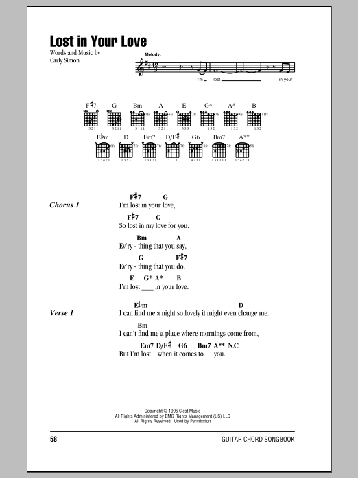 Carly Simon Lost In Your Love Sheet Music Notes & Chords for Lyrics & Chords - Download or Print PDF