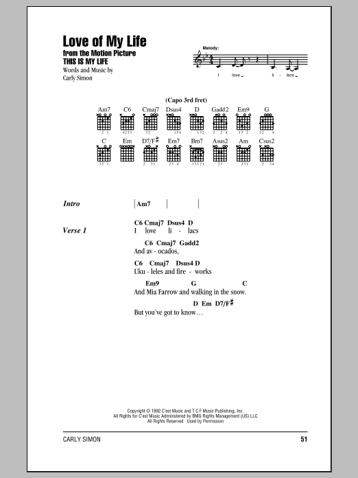 Carly Simon Love Of My Life Sheet Music Notes & Chords for Lyrics & Chords - Download or Print PDF
