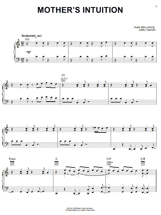Carly Simon Mother's Intuition Sheet Music Notes & Chords for Piano, Vocal & Guitar (Right-Hand Melody) - Download or Print PDF