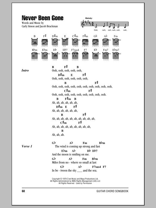 Carly Simon Never Been Gone Sheet Music Notes & Chords for Lyrics & Chords - Download or Print PDF Carly Simon Never Been Gone Sheet Music Notes & Chords for Lyrics & Chords - Download or Print PDF