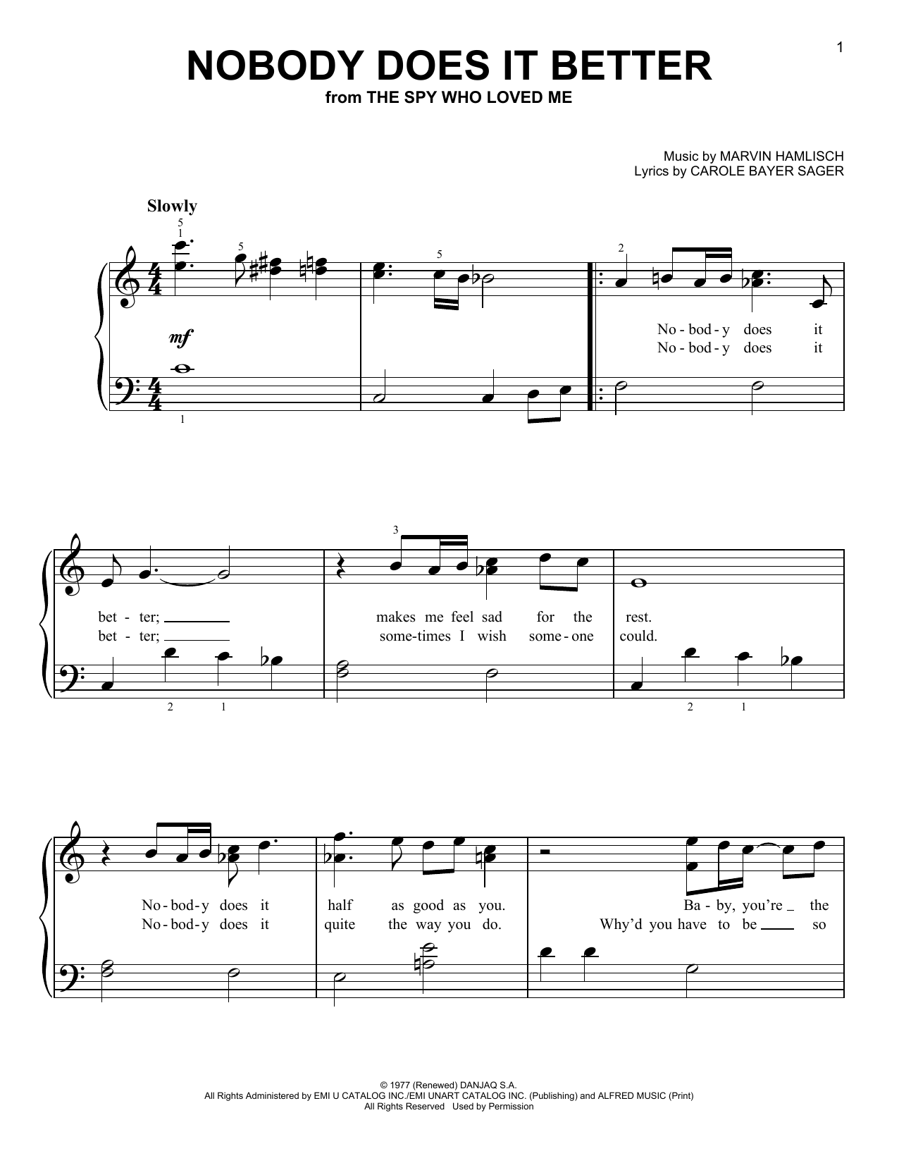 Carly Simon Nobody Does It Better (from The Spy Who Loved Me) Sheet Music Notes & Chords for Very Easy Piano - Download or Print PDF