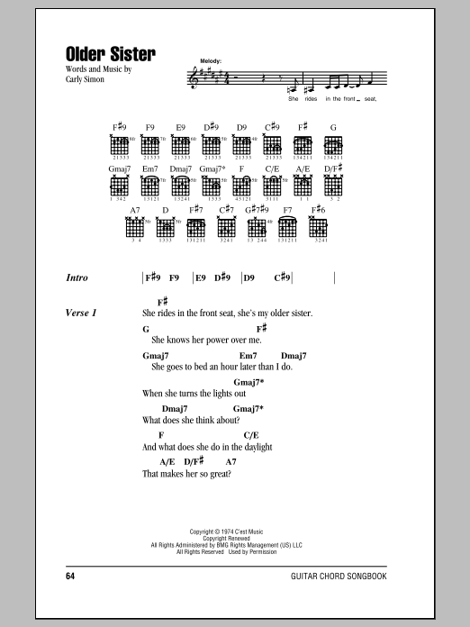 Carly Simon Older Sister Sheet Music Notes & Chords for Lyrics & Chords - Download or Print PDF Carly Simon Older Sister Sheet Music Notes & Chords for Lyrics & Chords - Download or Print PDF