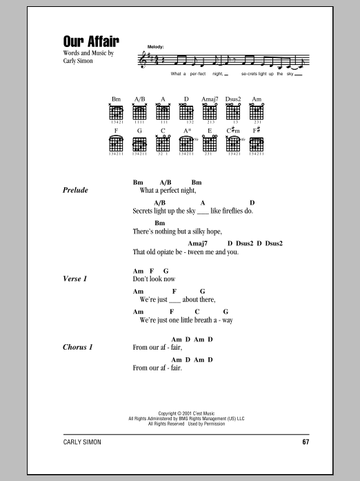 Carly Simon Our Affair Sheet Music Notes & Chords for Lyrics & Chords - Download or Print PDF