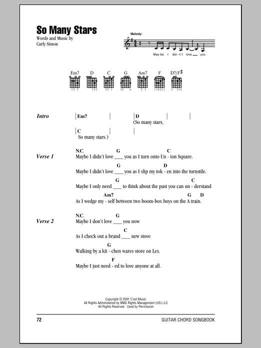 Carly Simon So Many Stars Sheet Music Notes & Chords for Lyrics & Chords - Download or Print PDF