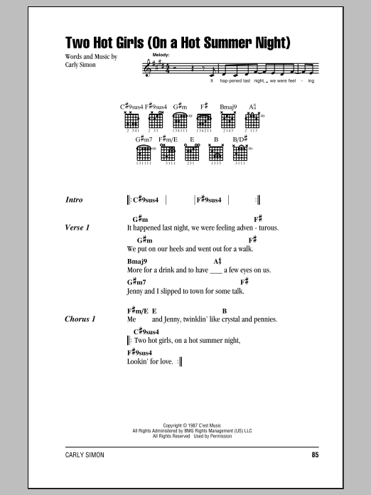 Carly Simon Two Hot Girls (On A Hot Summer Night) Sheet Music Notes & Chords for Lyrics & Chords - Download or Print PDF