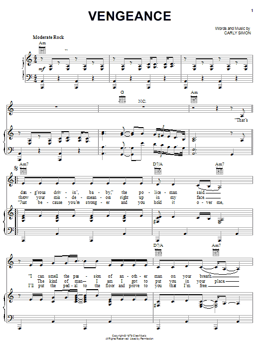 Carly Simon Vengeance Sheet Music Notes & Chords for Lyrics & Chords - Download or Print PDF Carly Simon Vengeance Sheet Music Notes & Chords for Lyrics & Chords - Download or Print PDF