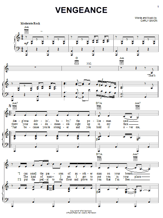 Carly Simon Vengeance Sheet Music Notes & Chords for Piano, Vocal & Guitar (Right-Hand Melody) - Download or Print PDF