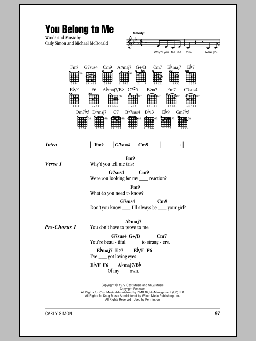 Carly Simon You Belong To Me Sheet Music Notes & Chords for Melody Line, Lyrics & Chords - Download or Print PDF
