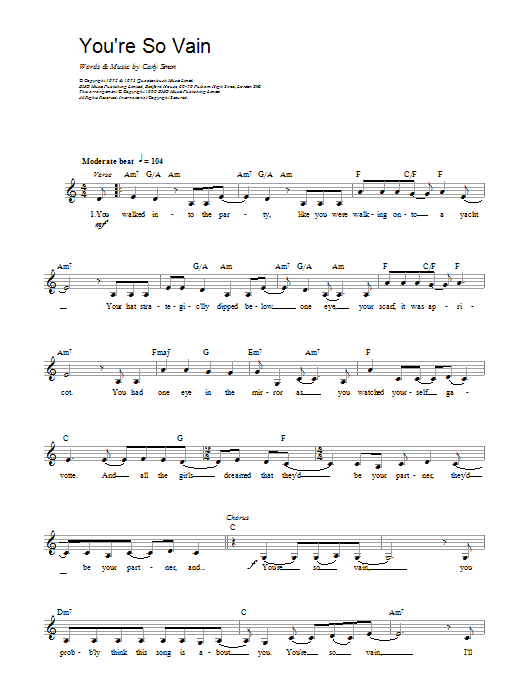 Carly Simon You're So Vain Sheet Music Notes & Chords for Alto Saxophone - Download or Print PDF