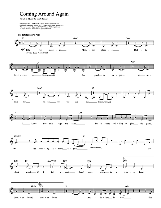 Preview Carly Simon Coming Around Again Pop sheet music, notes and chords for Melody Line, Lyrics & Chords, SKU: 14007 sheet music, piano notes, chords, guitar tabs, score, transpose, transcribe, how to play, guide, download, learn, tutorial, progression, song, artist, awards, billboard, mtv, vh1, tour, single, album, release
