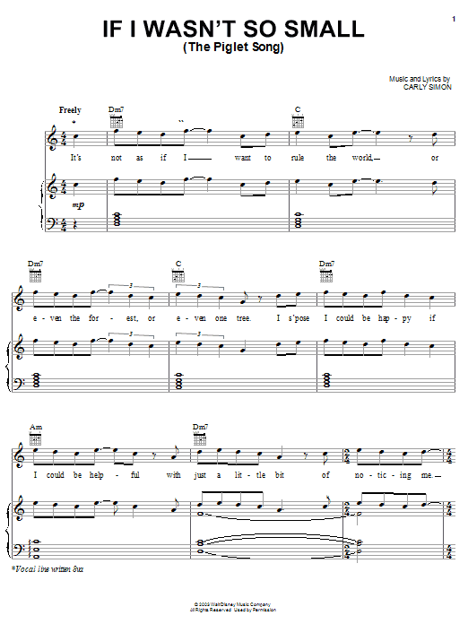 Preview Carly Simon If I Wasn't So Small (The Piglet Song) Film and TV sheet music, notes and chords for Piano, Vocal & Guitar (Right-Hand Melody), SKU: 23278 sheet music, piano notes, chords, guitar tabs, score, transpose, transcribe, how to play, guide, download, learn, tutorial, progression, song, artist, awards, billboard, mtv, vh1, tour, single, album, release
