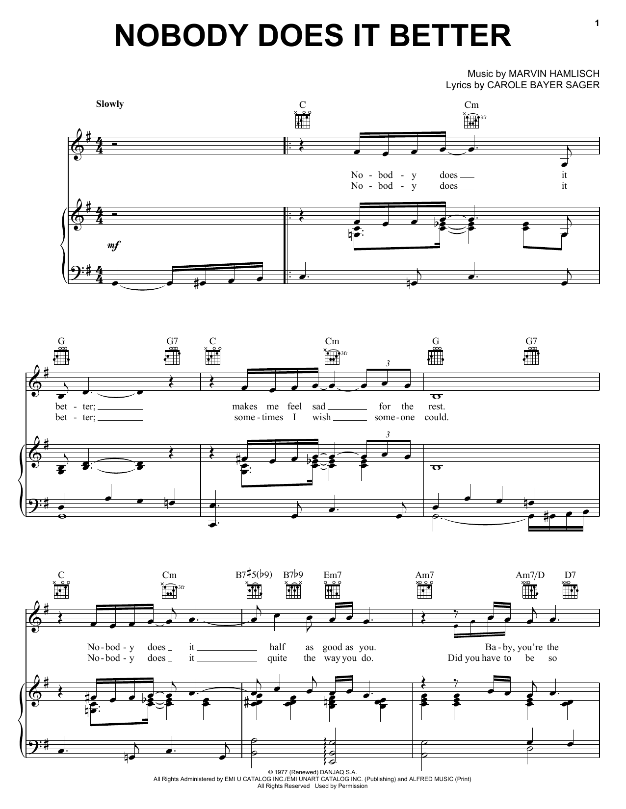 Preview Carly Simon Nobody Does It Better Film and TV sheet music, notes and chords for Piano, Vocal & Guitar (Right-Hand Melody), SKU: 23839 sheet music, piano notes, chords, guitar tabs, score, transpose, transcribe, how to play, guide, download, learn, tutorial, progression, song, artist, awards, billboard, mtv, vh1, tour, single, album, release